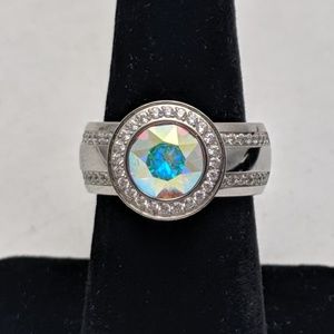 QUDO Wide Band Silver Tone Ring w/ Crystal Topper